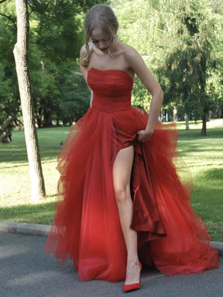 Vestidos formales de mujer sin tirantes de tul rojo vestidos de fiesta largos vestidos de noche formales largos de tul rojo / Tienda de vestidos de fiesta